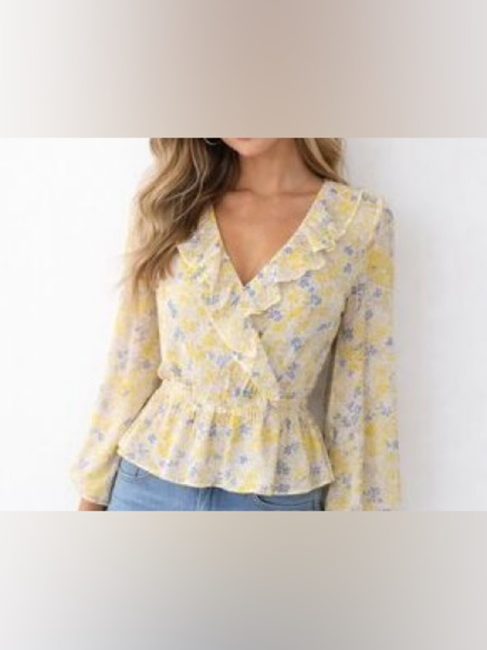 Ann Taylor Cream Yellow Floral Ruffle Wrap Blouse